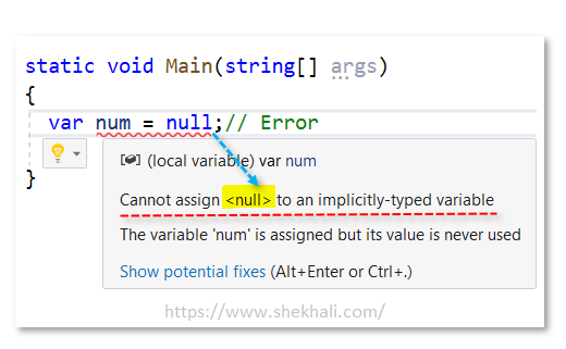 var variable with null value in c#