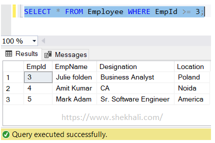 Greater than or equal (>=) operators in SQL server