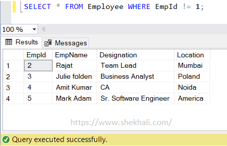 image -not equal (!=) operator in SQL output