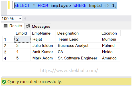 not equal operator in SQL server 1