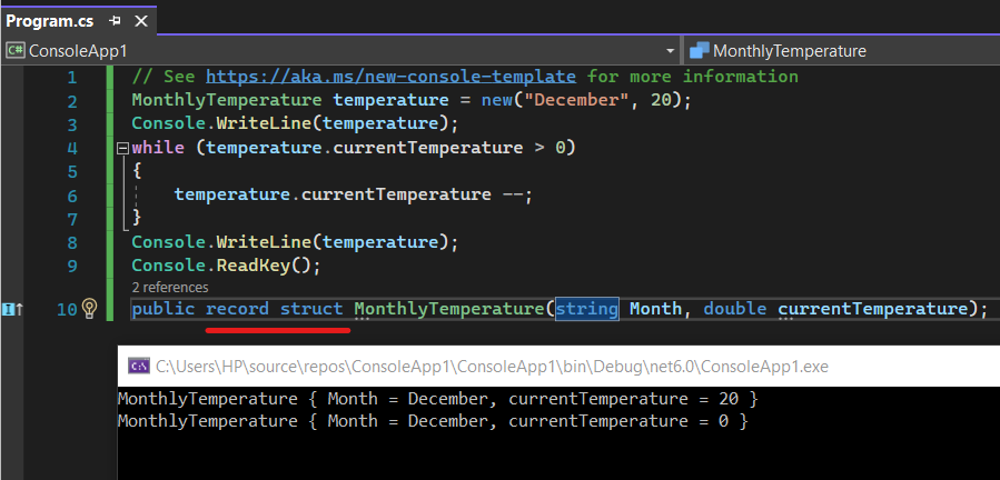 C# 10 record struct example