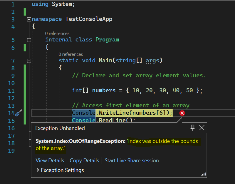 C# Array index out of bounds example