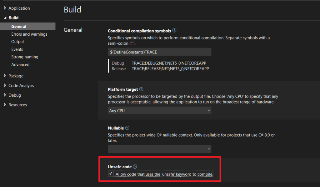 c# Unsafe code settings