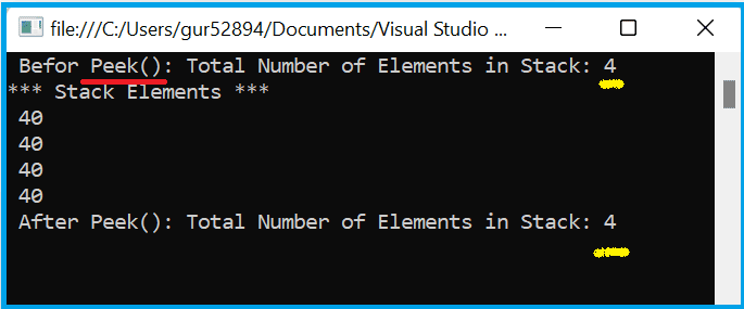 CSharp stack peek method result