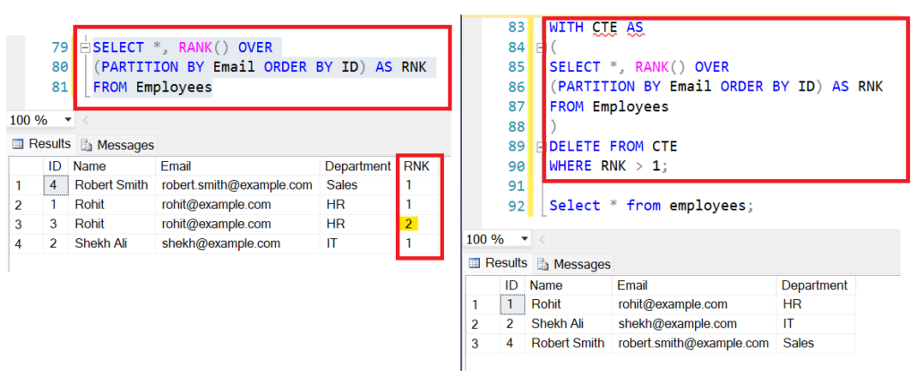 Deleting duplicate records using rank function in sql