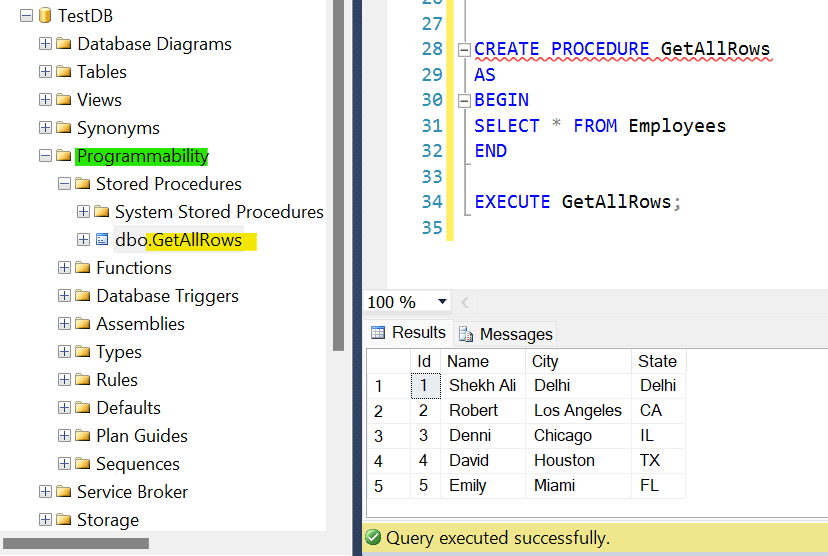creating stored procedure in sql