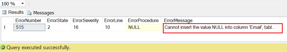 sql server try catch statements in a transaction