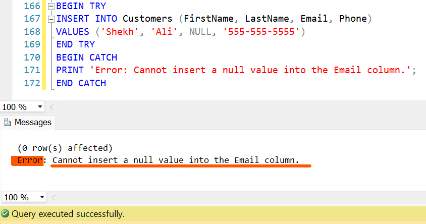 sql server try catch statements to handle null values