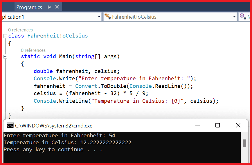 Program to convert Fahrenheit into Celsius